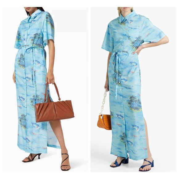 NWT STAUD Blue Cameron Island Belted Maxi Shirt Dress Size XS Coverup Vacation - Picture 2 of 14